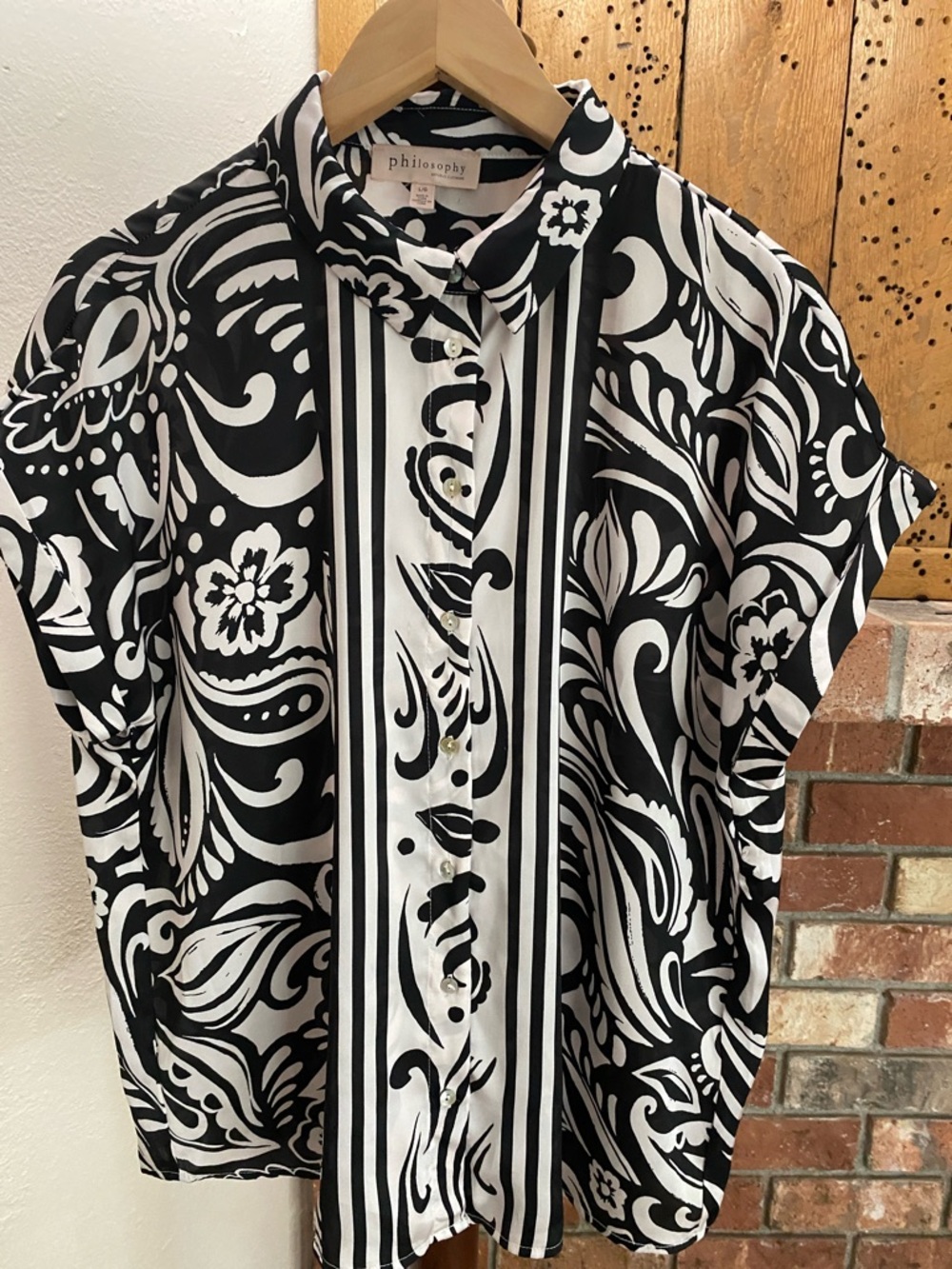 Philosophy Black and White Short Sleeve Button Down Shirt - Bold Floral Stripe